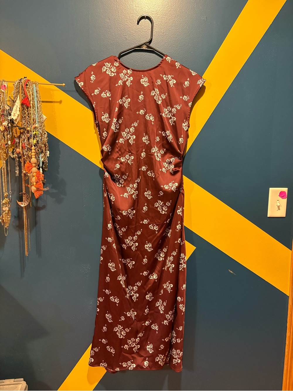 A New Day Burgundy Floral Cap Sleeve Satin Maxi Dress NWT